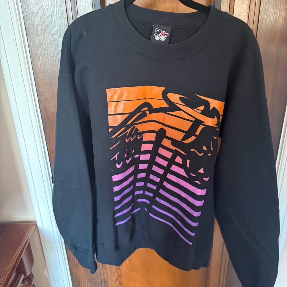 Santa Cruz Skateboards Black Crewneck with Orange and Purple Wave Graphic